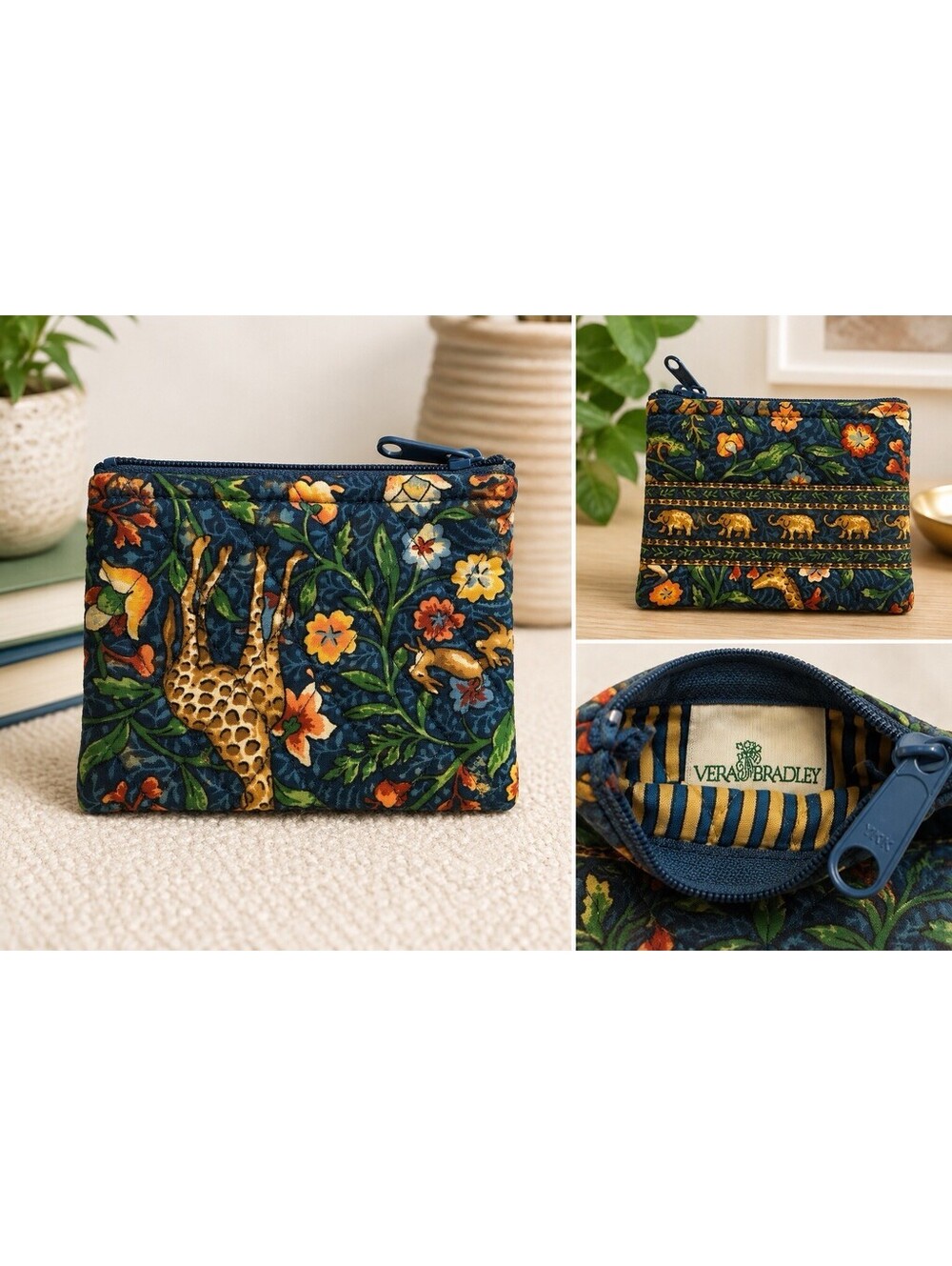 Vera Bradley Vintage Safari Animal Coin Purse Zip Pouch Giraffe Elephant Floral